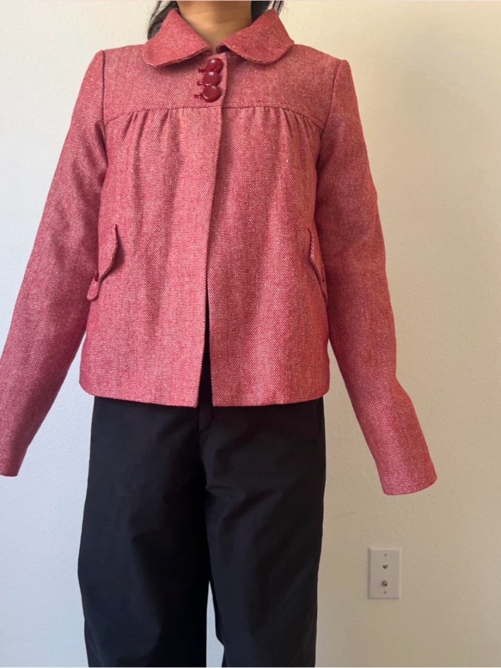 Tulle Red and White Herringbone Coat with Satin Lining